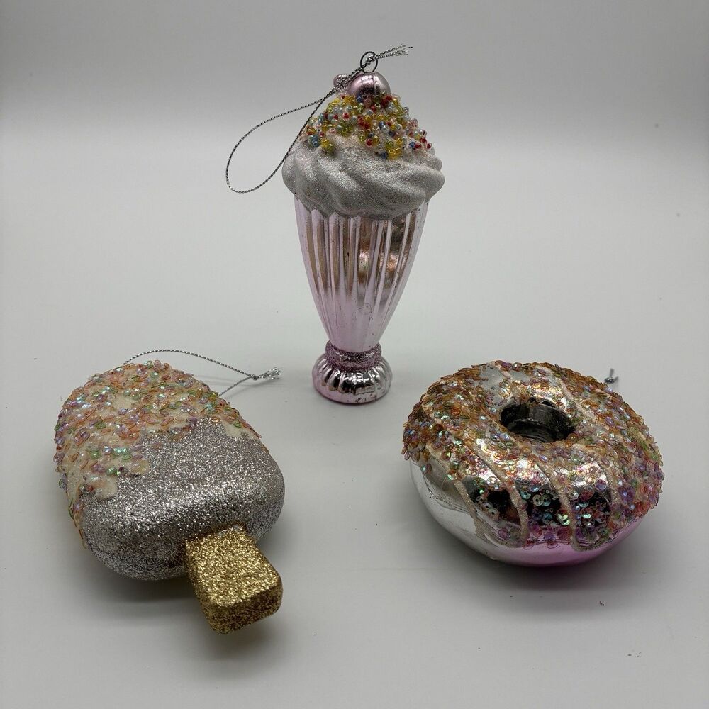 3 Sweet Treats Christmas Ornaments, Donut, Milkshake, Ice Cream Stick. Silver